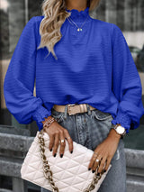 Smocked Frill Mock Neck Long Sleeve Blouse - Trendsi - Flyclothing LLC