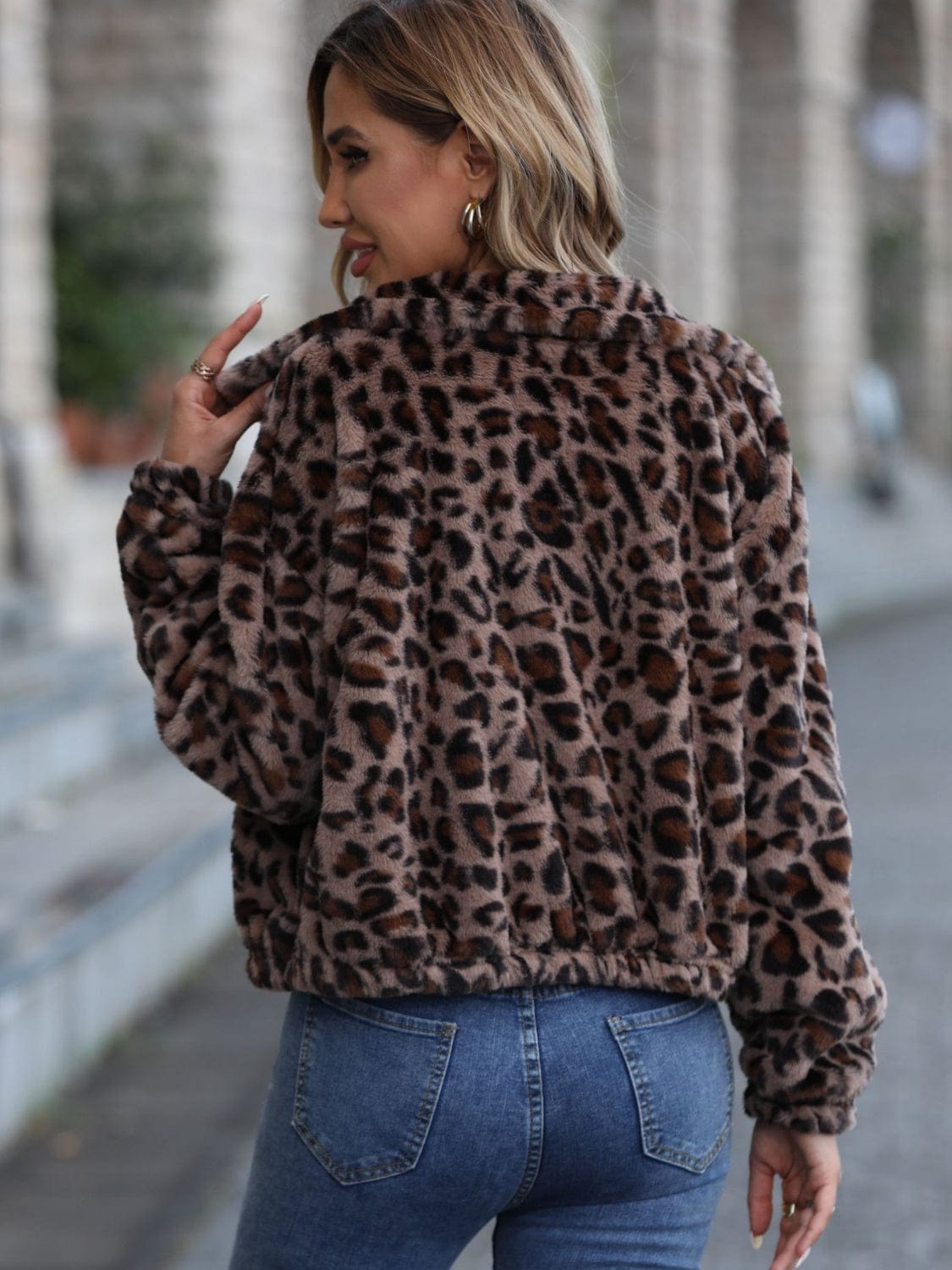 Leopard Collared Neck Zip Up Jacket - Trendsi