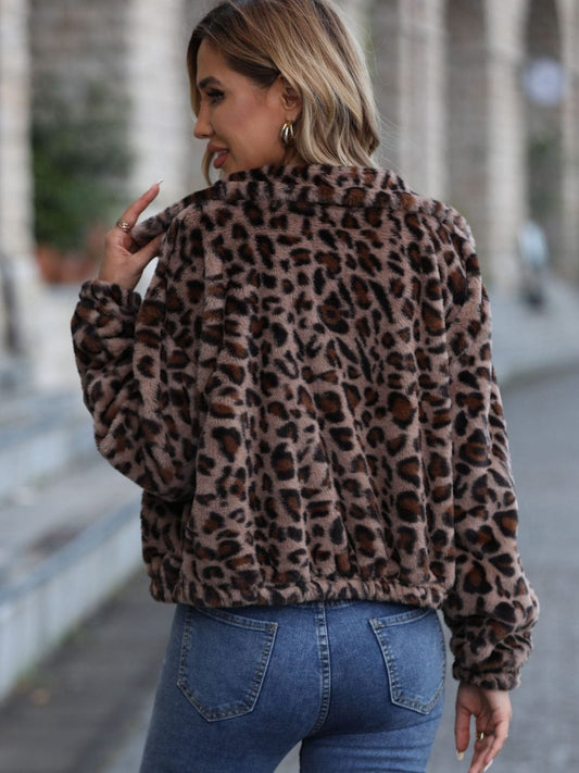 Leopard Collared Neck Zip Up Jacket - Trendsi