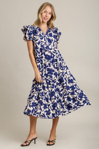 Umgee Full Size Floral Collared Ruffle Cap Sleeve Midi Dress Plus Size - Trendsi