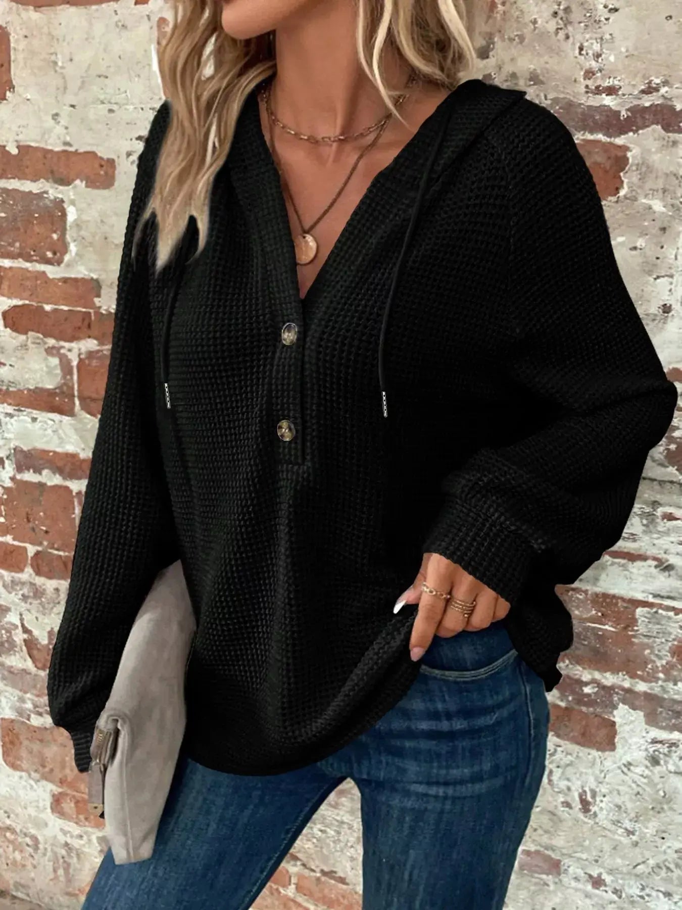 Waffle Knit Button Detail Hoodie - Trendsi - Flyclothing LLC