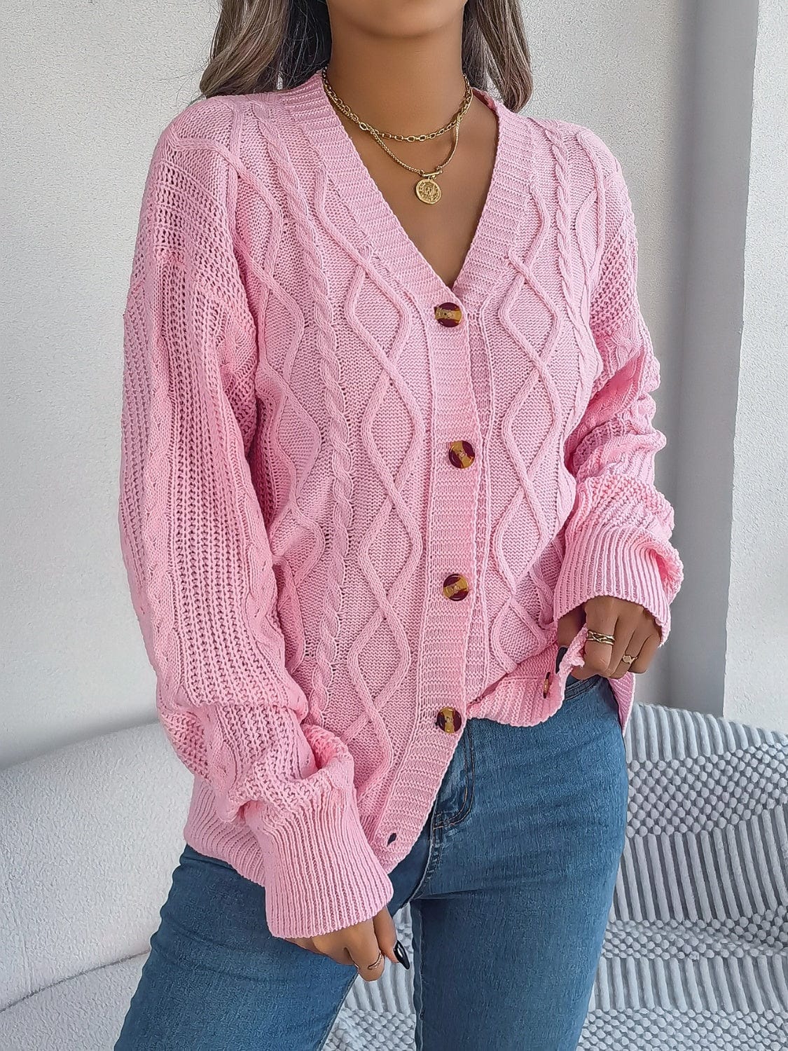 Cable-Knit Long Sleeve Cardigan - Trendsi