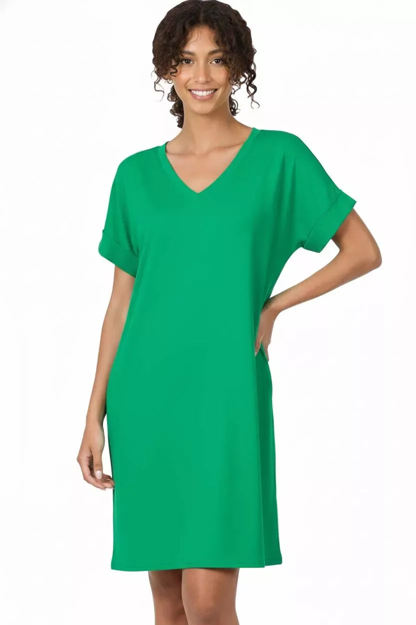 Zenana Brushed Dty Rolled Short Sleeve V-Neck Dress - Trendsi - Flyclothing LLC