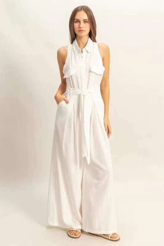 HYFVE Sleeveless Tie Waist Wide Leg Jumpsuit - Trendsi - Flyclothing LLC