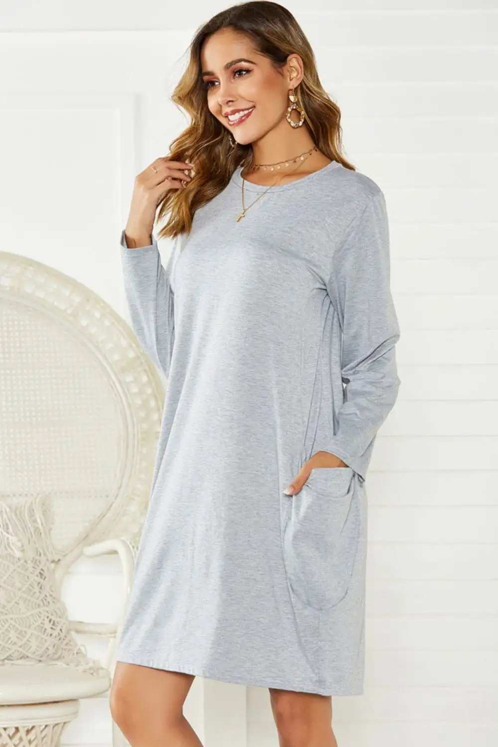 Pocketed Round Neck Long Sleeve Dress - Trendsi - Flyclothing LLC