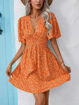 Printed V-Neck Half Sleeve Mini Dress - Trendsi - Flyclothing LLC