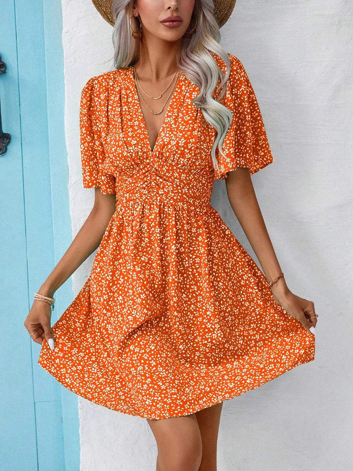 Printed V-Neck Half Sleeve Mini Dress - Trendsi - Flyclothing LLC