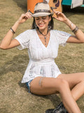 Lace V-Neck Short Sleeve Top - Trendsi - Flyclothing LLC