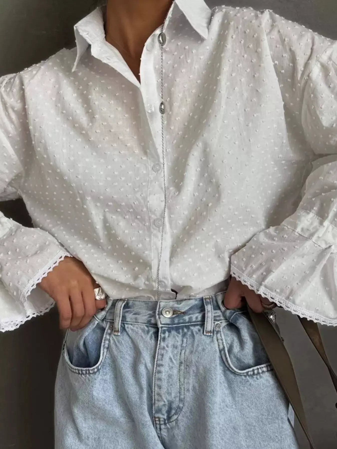 Swiss Dot Flounce Sleeve Shirt - Trendsi - Flyclothing LLC