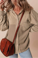 Waffle-Knit Collared Neck Long Sleeve Shacket - Trendsi - Flyclothing LLC