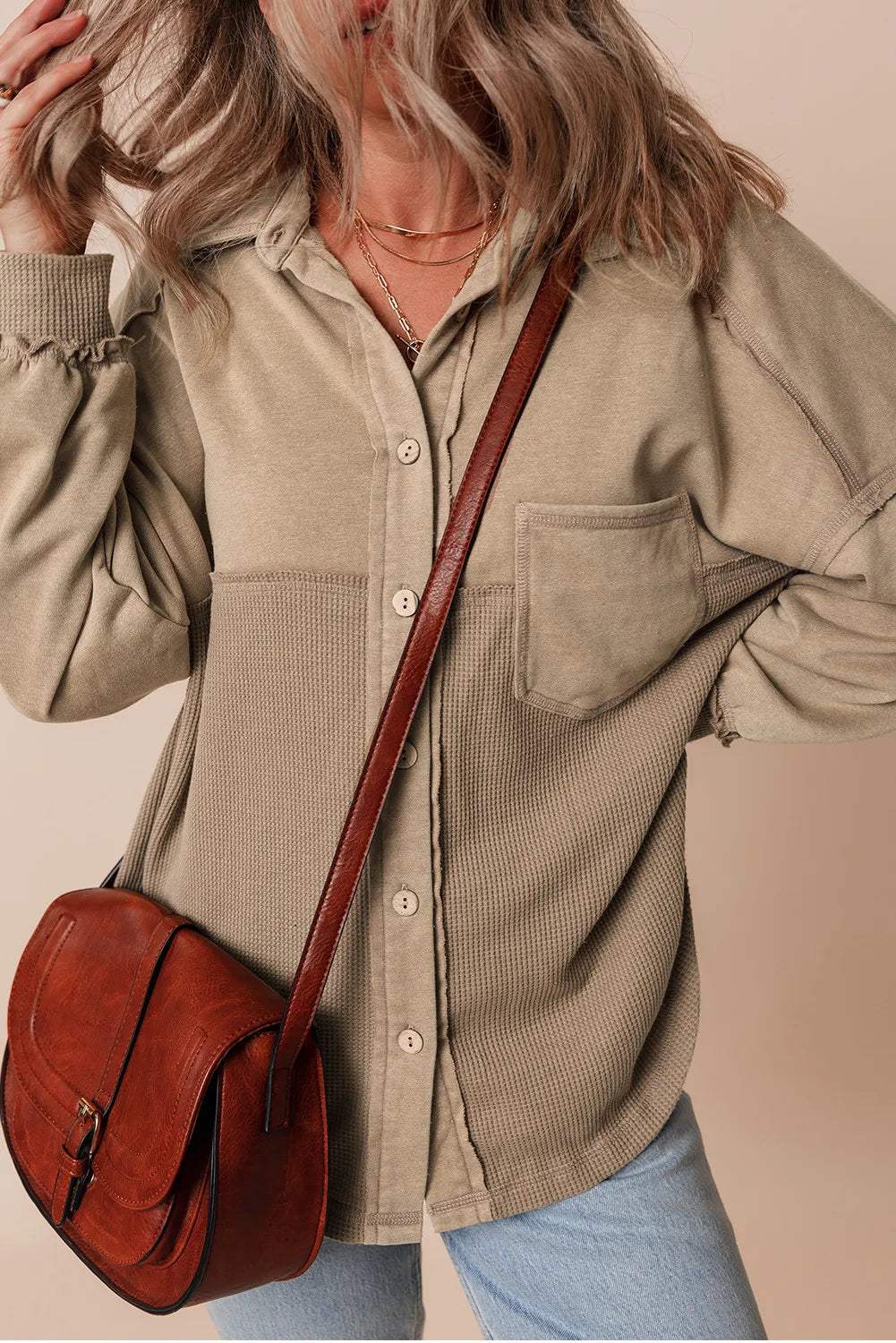 Waffle-Knit Collared Neck Long Sleeve Shacket - Trendsi - Flyclothing LLC