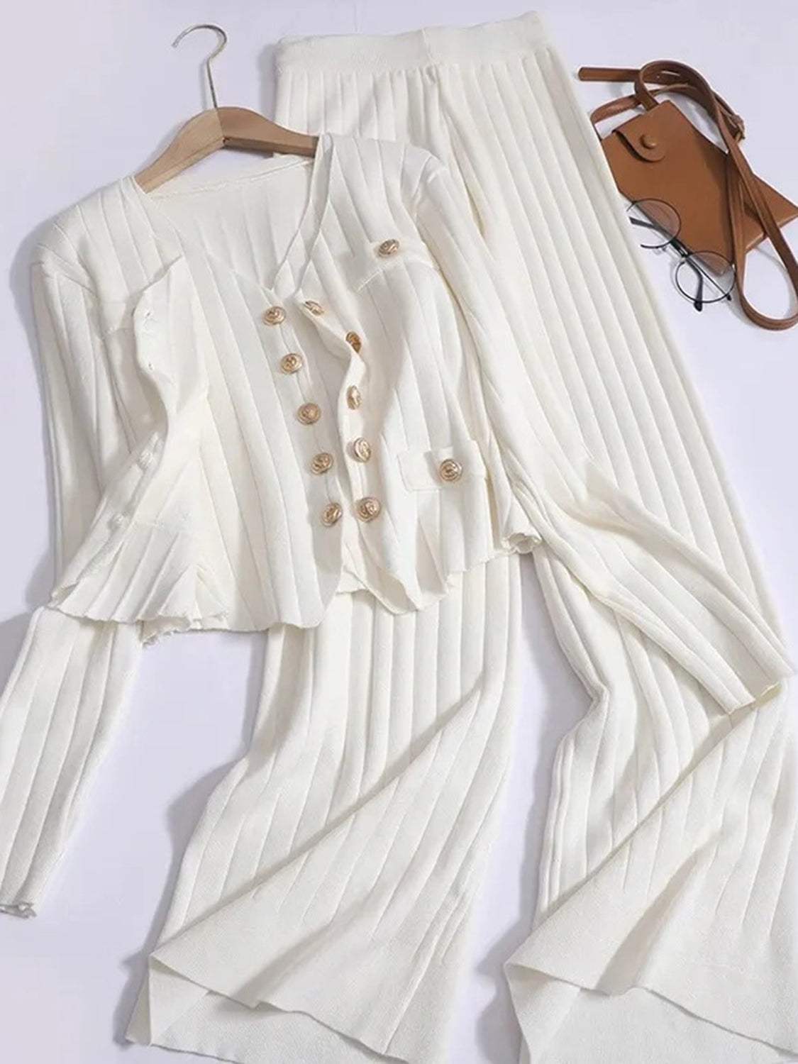 V-Neck Tank, Cardigan and Pants Three-Piece Sweater Set - Trendsi - Flyclothing LLC