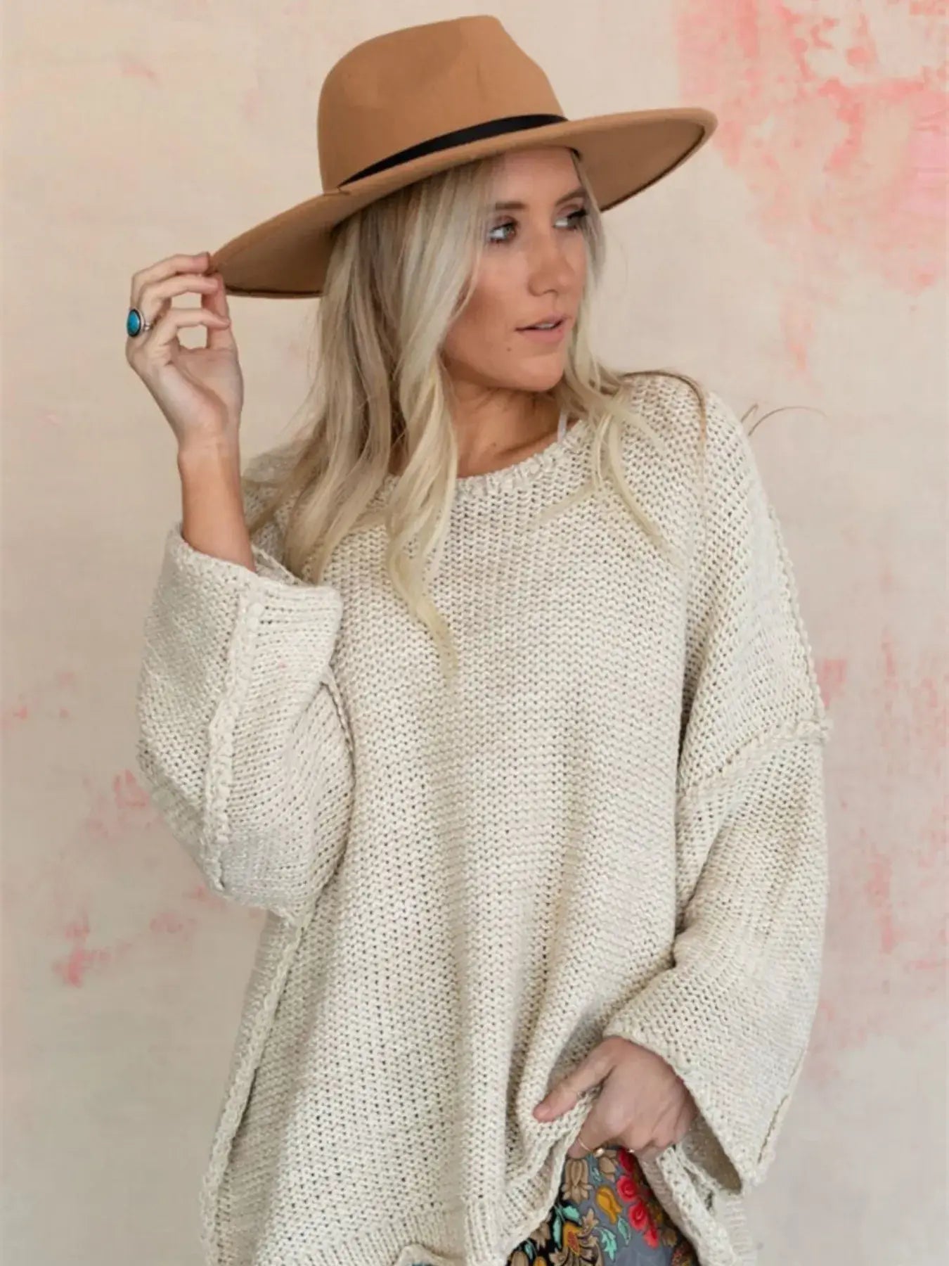 Round Neck Oversized Knit Top with Relaxed Fit - Trendsi - Flyclothing LLC
