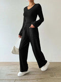 Ribbed V-Neck Long Sleeve Top and Pocketed Pants Set - Trendsi - Flyclothing LLC