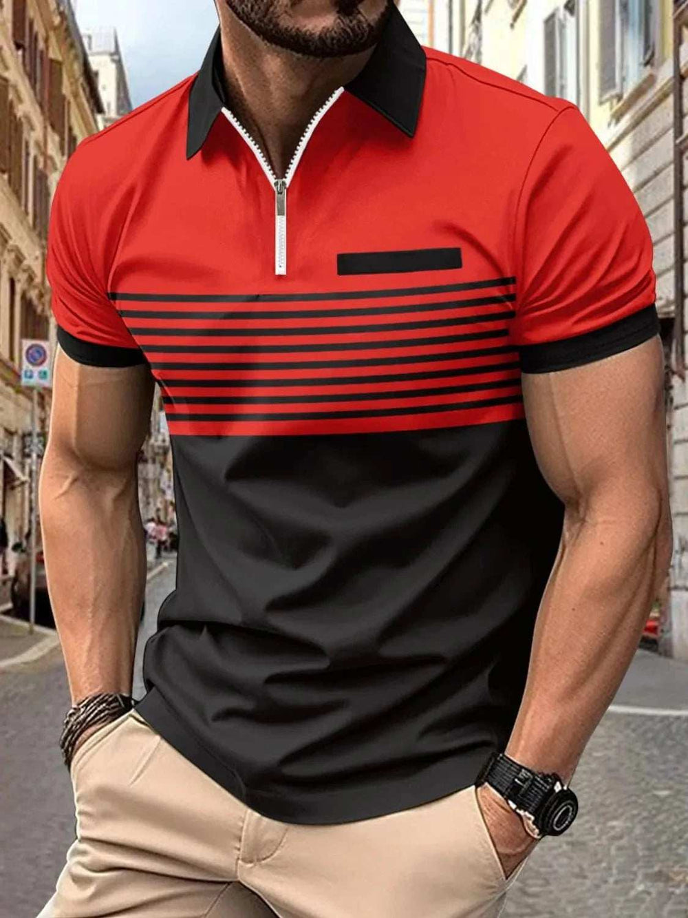 Men's Full Size Collared Neck Contrast Polo Plus Size - Trendsi - Flyclothing LLC