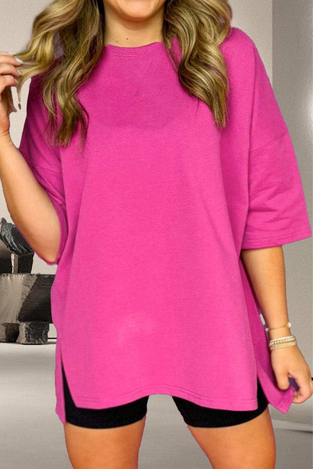 Slit Round Neck Half Sleeve T-Shirt - Trendsi - Flyclothing LLC