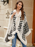 Fuzzy Checkered Long Sleeve Poncho - Trendsi
