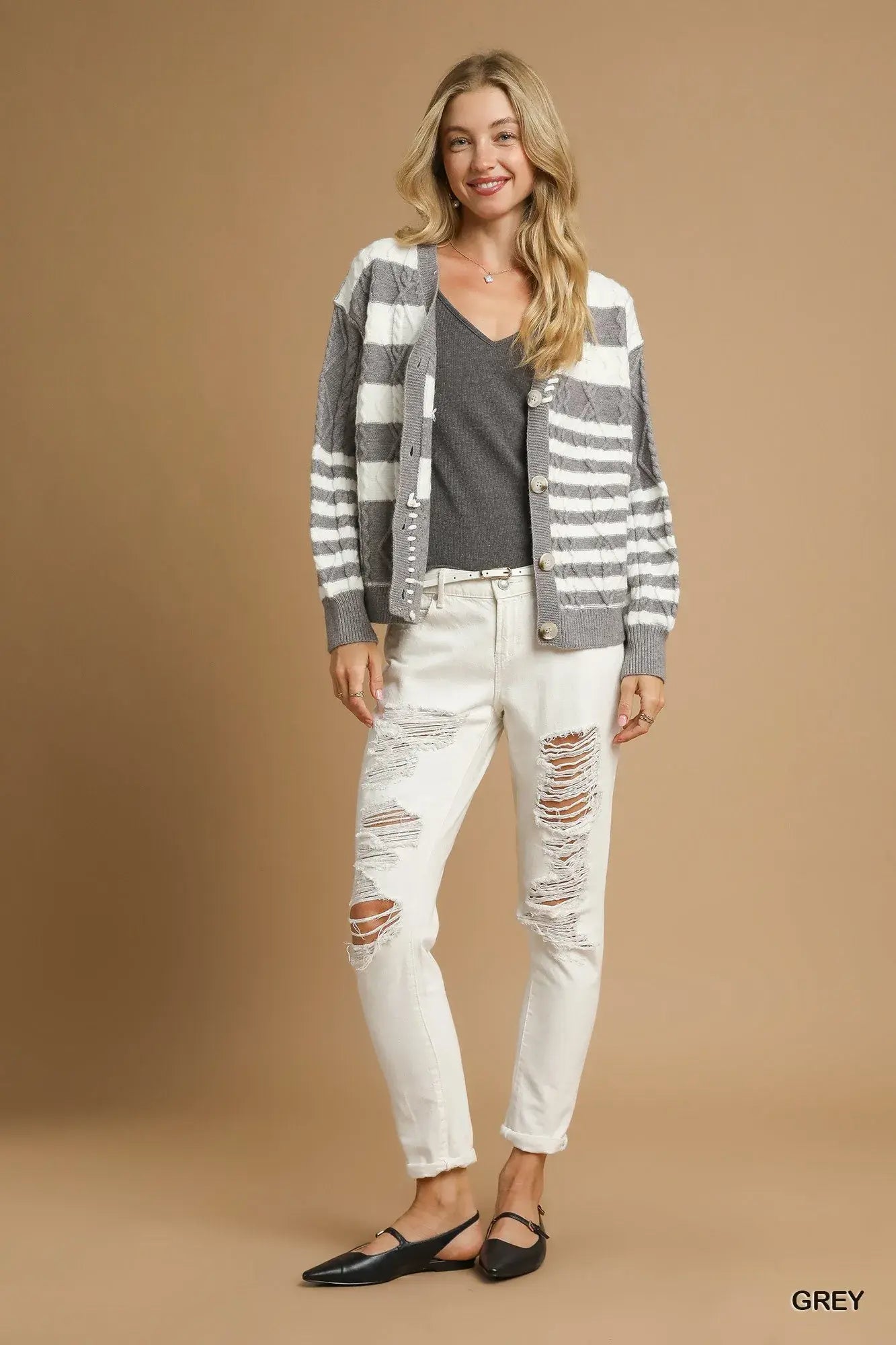 Umgee Cable-Knit Stripe Button-Up Cardigan - Trendsi - Flyclothing LLC