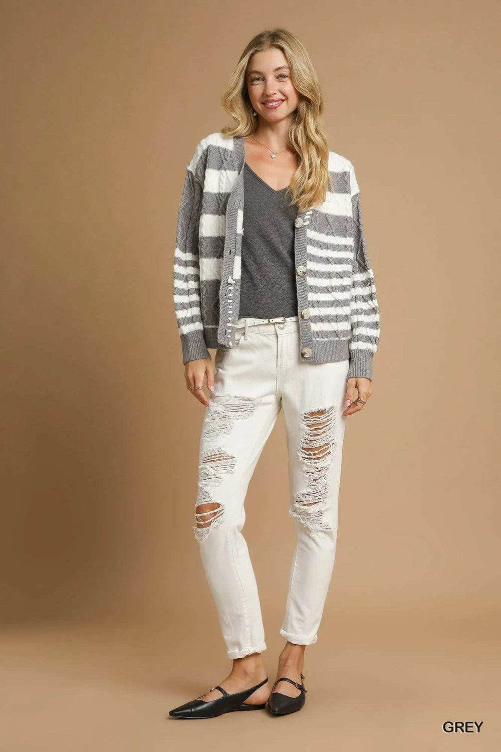 Umgee Cable-Knit Stripe Button-Up Cardigan - Trendsi - Flyclothing LLC