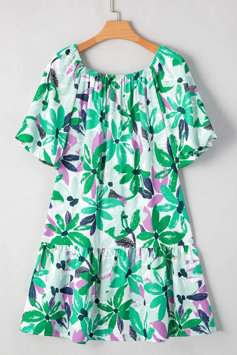 Floral Print Shirred Square Neck Loose Fit Mini Dress - Trendsi - Flyclothing LLC