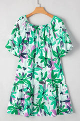 Floral Print Shirred Square Neck Loose Fit Mini Dress - Trendsi - Flyclothing LLC