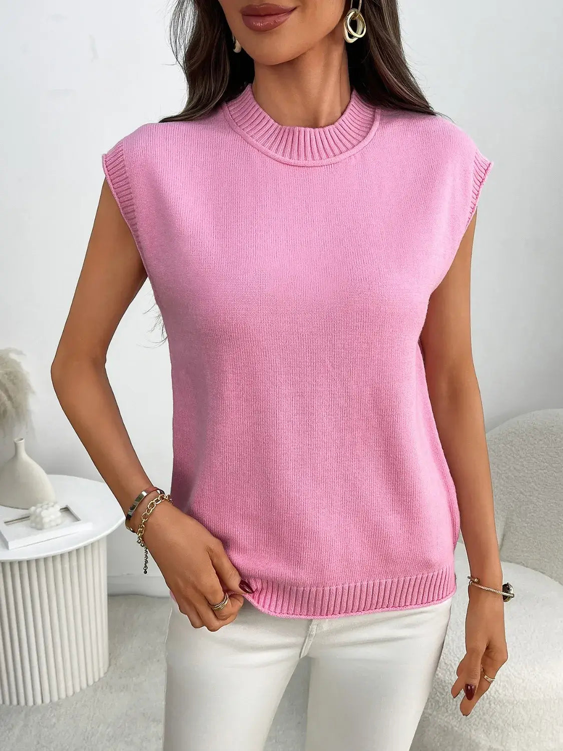 Mock Neck Cap Sleeve Knit Top - Trendsi - Flyclothing LLC