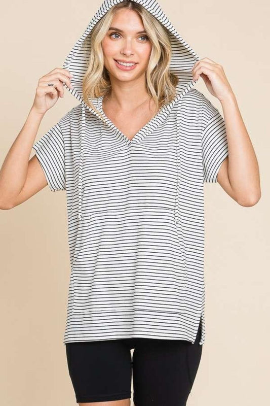 Culture Code Full Size Striped Short Sleeve Hooded Top - Trendsi