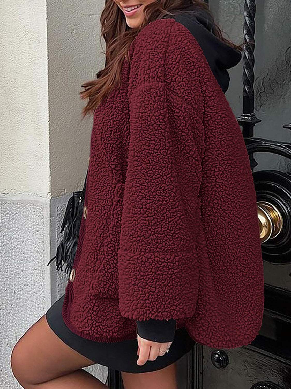 Contrast Button Up Sherpa Jacket with Pockets - Trendsi - Flyclothing LLC