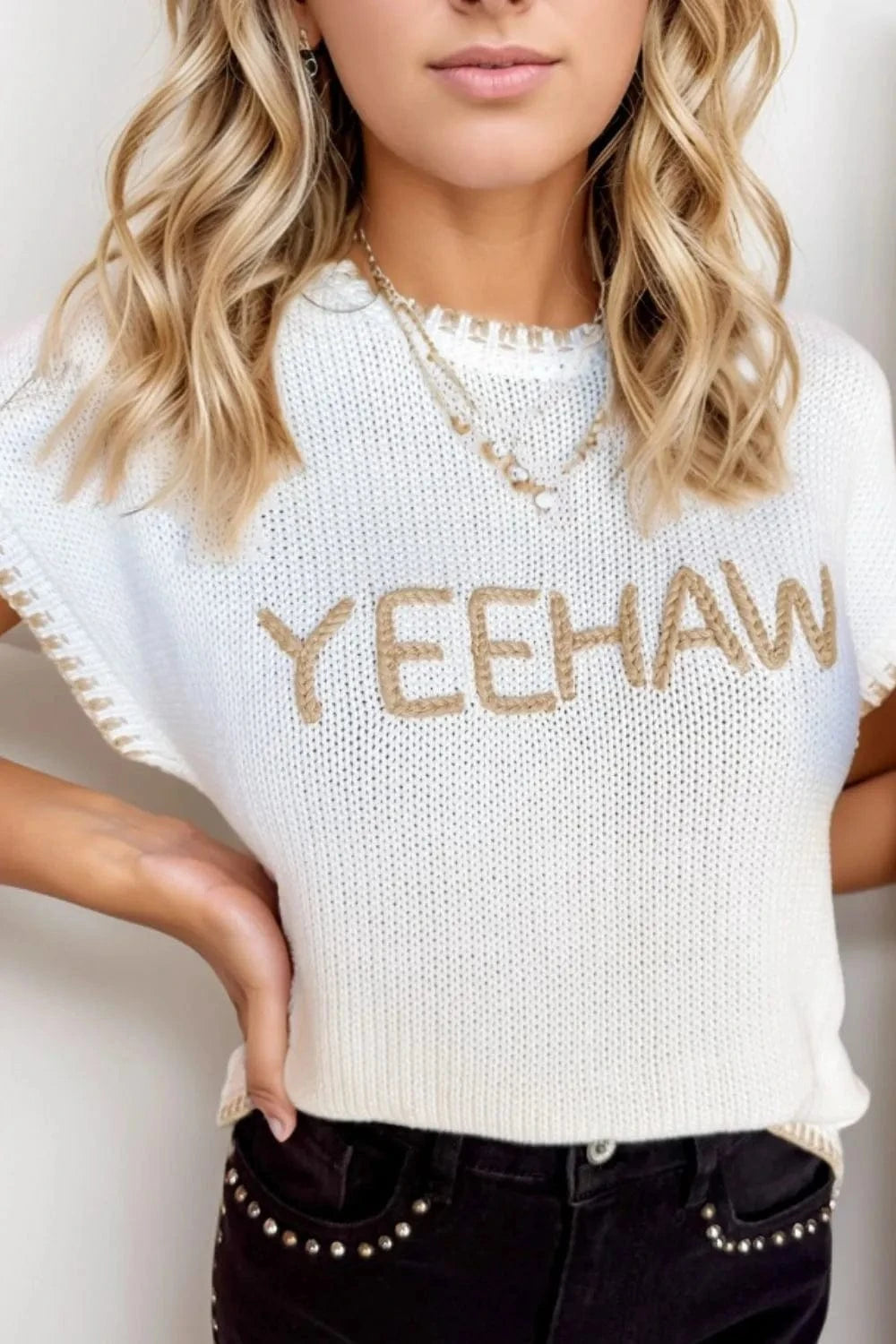 YEEHAW Stitch Edge Crew Neck Knit Top - Trendsi