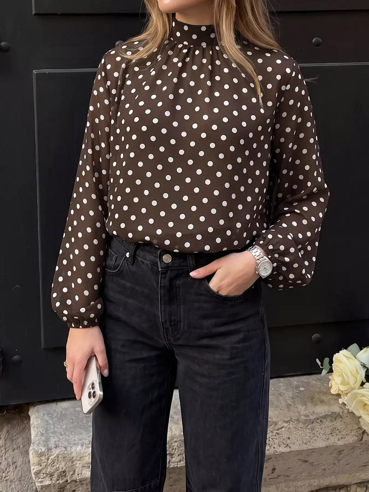 Polka Dot Mock Neck Long Sleeve Blouse - Trendsi - Flyclothing LLC