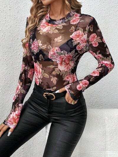Mesh Floral Mock Neck Long Sleeve Top - Trendsi - Flyclothing LLC