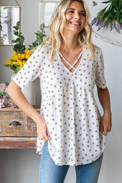 Heimish Full Size Crisscross Ditsy Floral Babydoll Top Plus Size - Trendsi - Flyclothing LLC