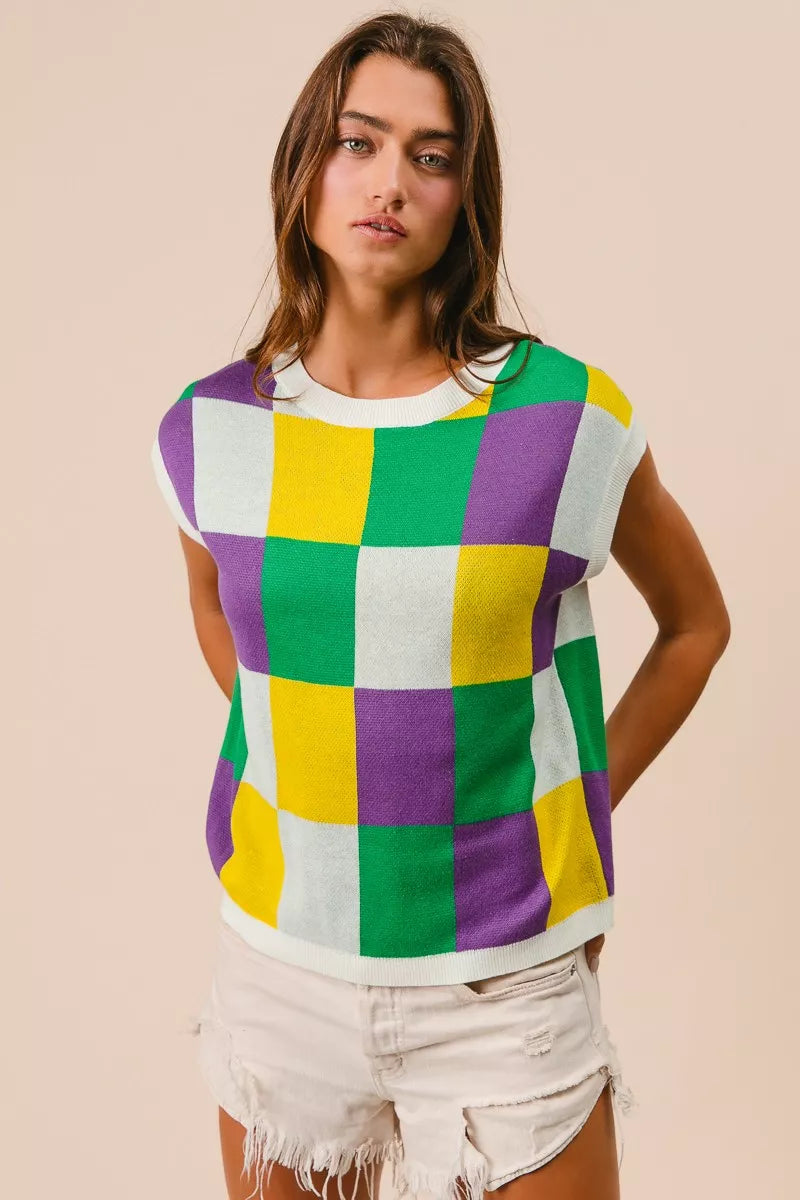 BiBi Mardi Gras Checker Pattern Sleeveless Sweater Top - Trendsi - Flyclothing LLC