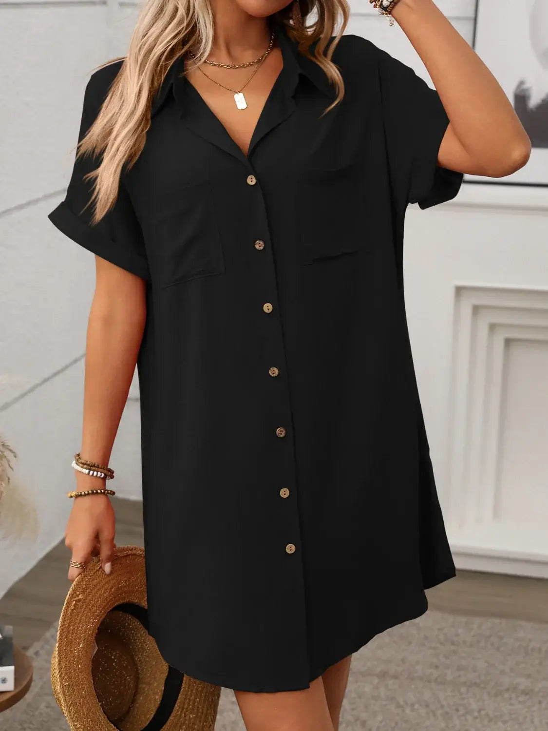 Button Down Short Sleeve Mini Dress - Trendsi - Flyclothing LLC
