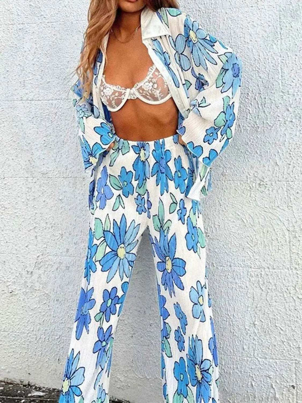 Printed Collared Neck Long Sleeve Top and Pants Lounge Set - Trendsi - Flyclothing LLC