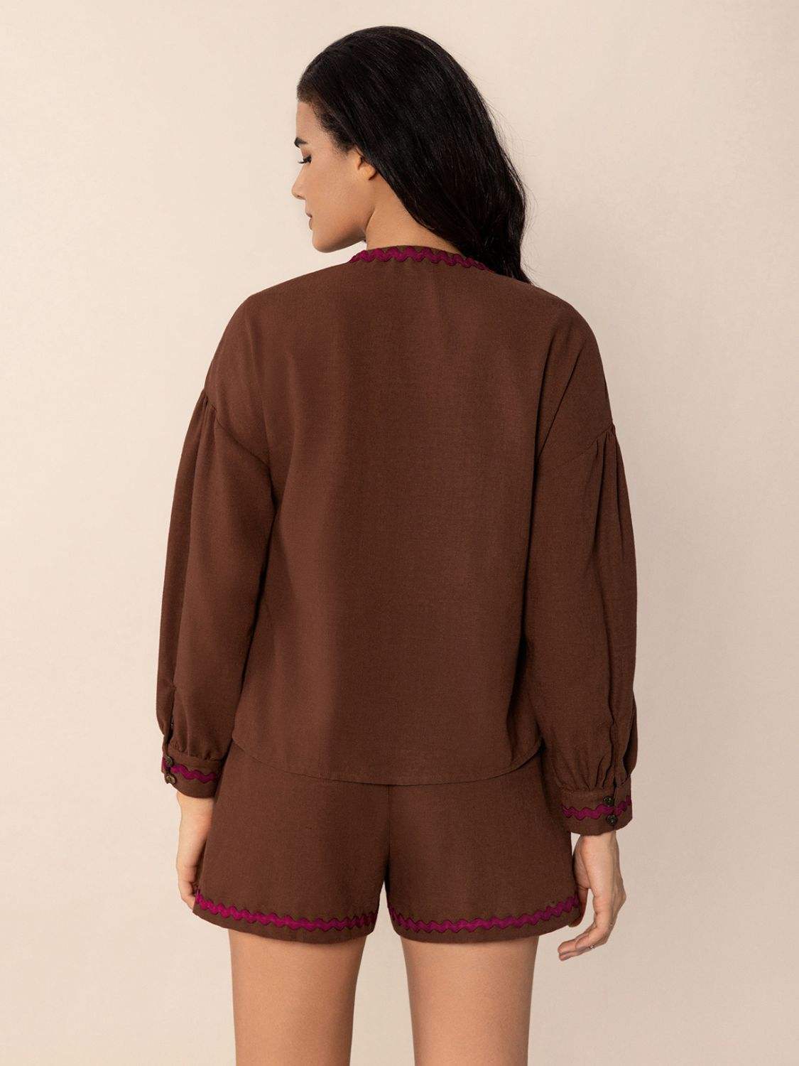 Tied V-Neck Long Sleeve Top and Shorts Set - Trendsi - Flyclothing LLC