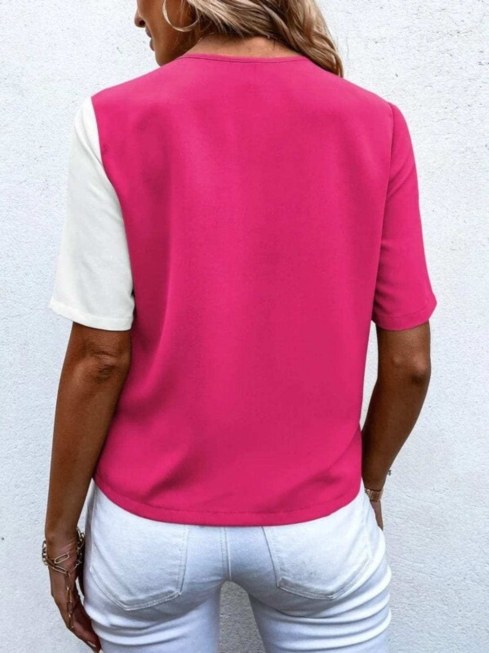 Decorative Button Surplice Short Sleeve Blouse - Trendsi - Flyclothing LLC