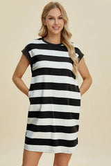Basic Bae Full Size Striped Round Neck Cap Sleeve Mini Dress - Trendsi - Flyclothing LLC