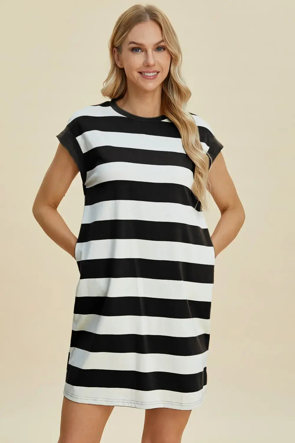 Basic Bae Full Size Striped Round Neck Cap Sleeve Mini Dress - Trendsi - Flyclothing LLC