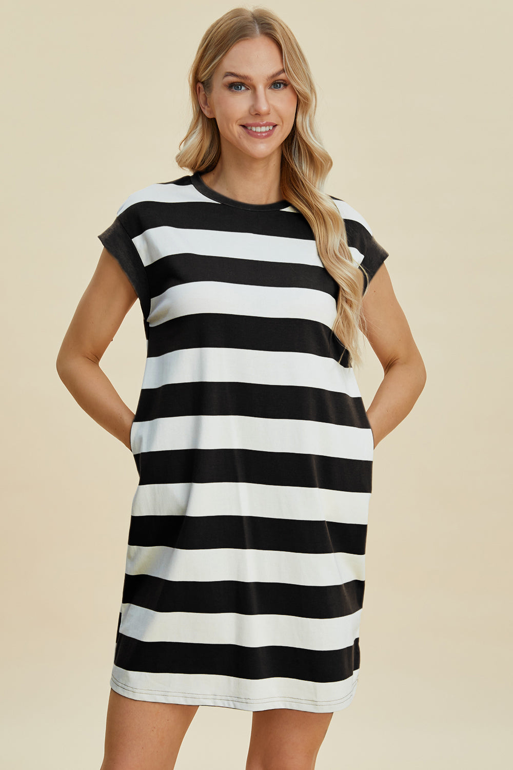 Basic Bae Full Size Striped Round Neck Cap Sleeve Mini Dress - ShopBasicbae - Flyclothing LLC