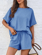 Round Neck T-Shirt and Drawstring Shorts Set - Trendsi - Flyclothing LLC