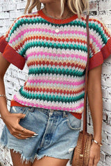 Contrast Round Neck Short Sleeve Sweater - Trendsi - Flyclothing LLC