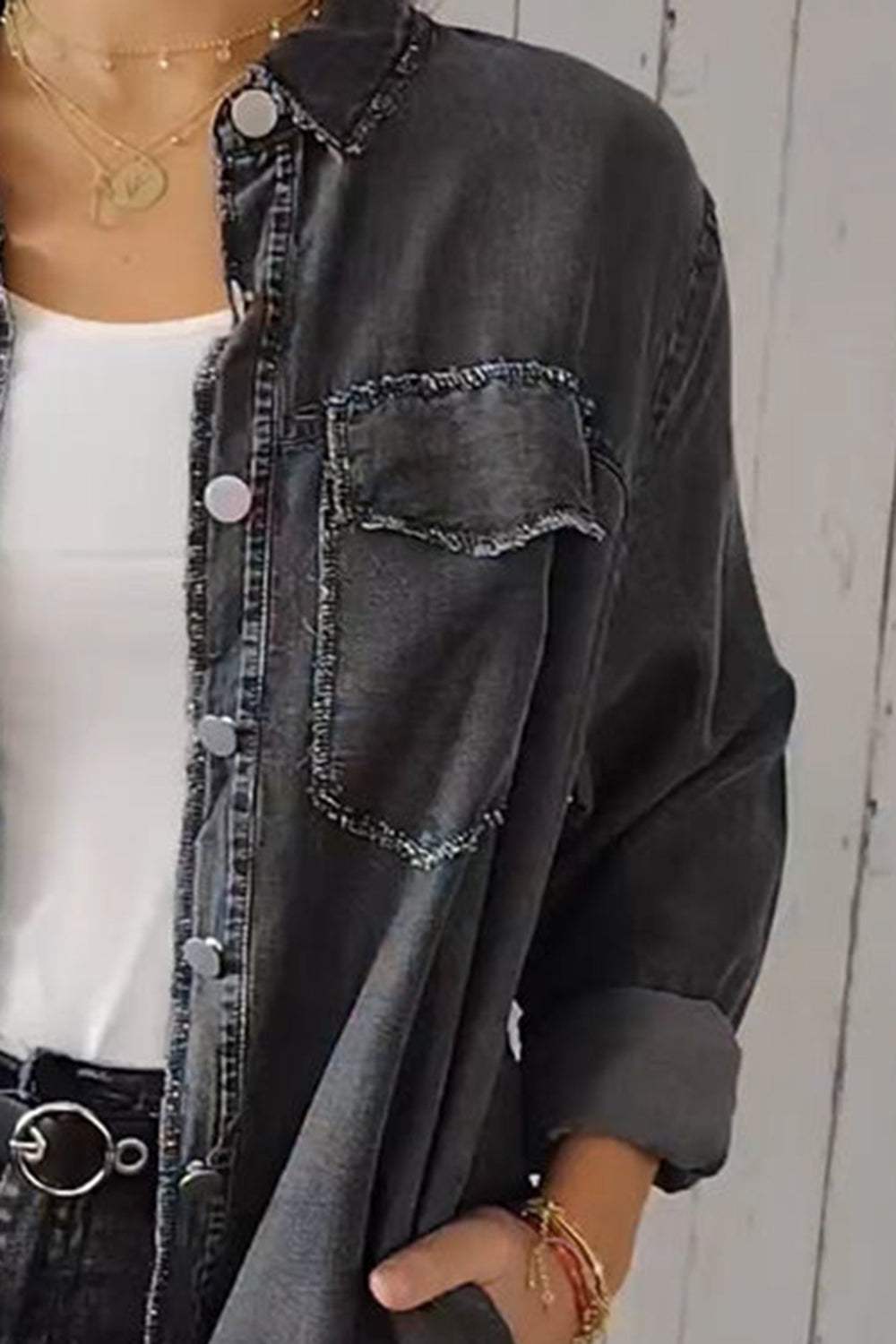 Full Size Pocketed Button Up Long Sleeve Denim Jacket - Trendsi - Flyclothing LLC