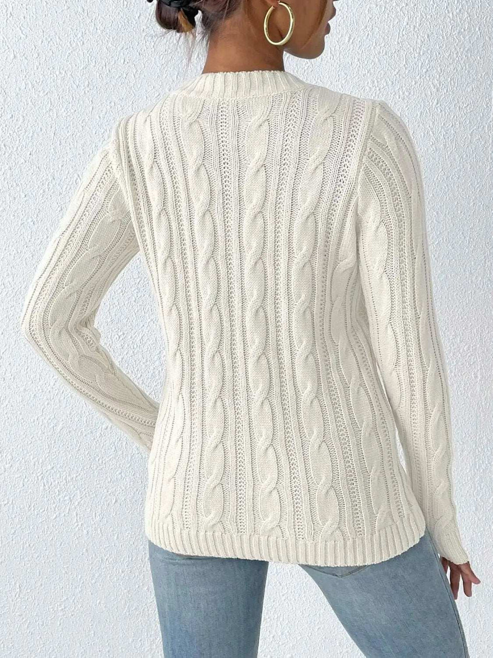 Cable-Knit Heart Round Neck Long Sleeve Sweater - Trendsi - Flyclothing LLC