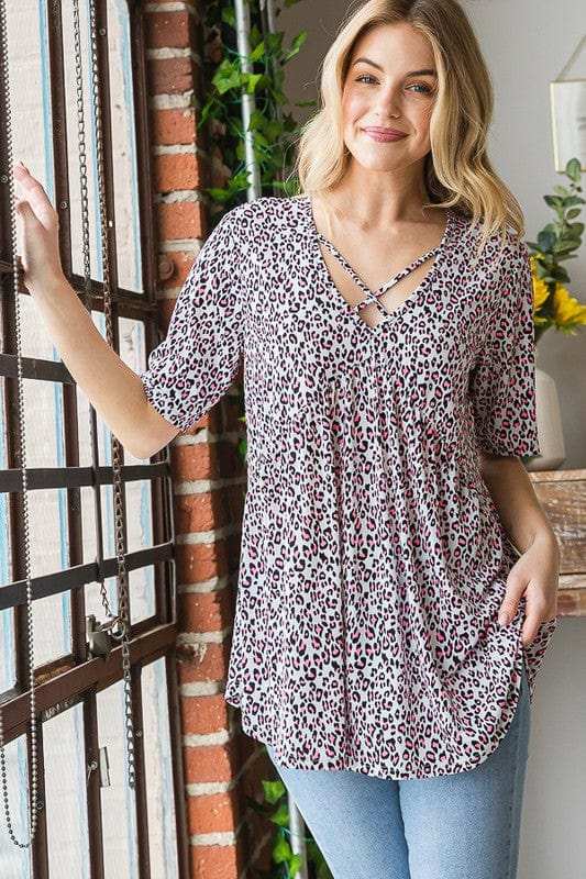 Heimish Full Size Short Sleeve Crisscross Animal Babydoll Top Plus Size - Trendsi - Flyclothing LLC