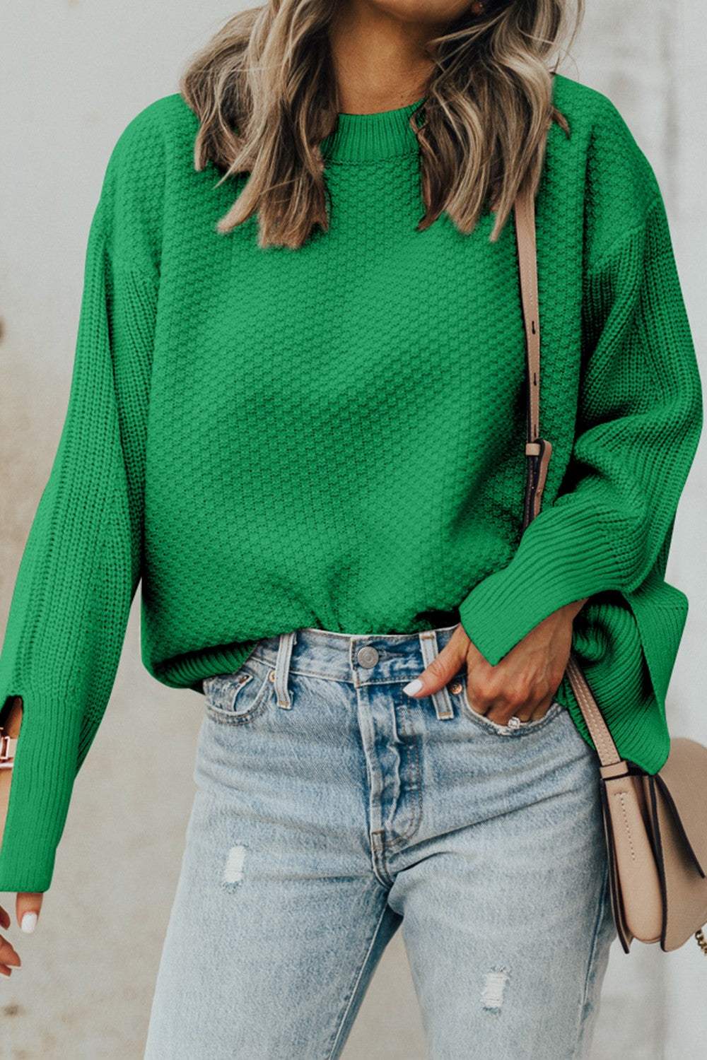 Textured Round Neck Long Sleeve Sweater - Trendsi - Flyclothing LLC
