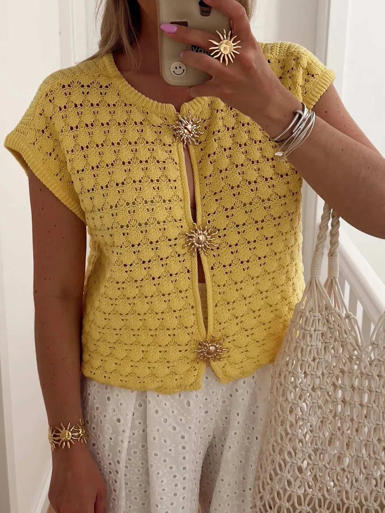 Crochet Short Sleeve Button Front Cardigan - Trendsi - Flyclothing LLC