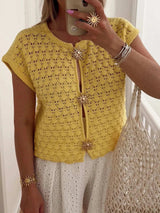 Crochet Short Sleeve Button Front Cardigan - Trendsi - Flyclothing LLC