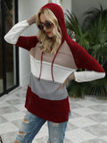 Drawstring Contrast Long Sleeve Hooded T-Shirt - Trendsi