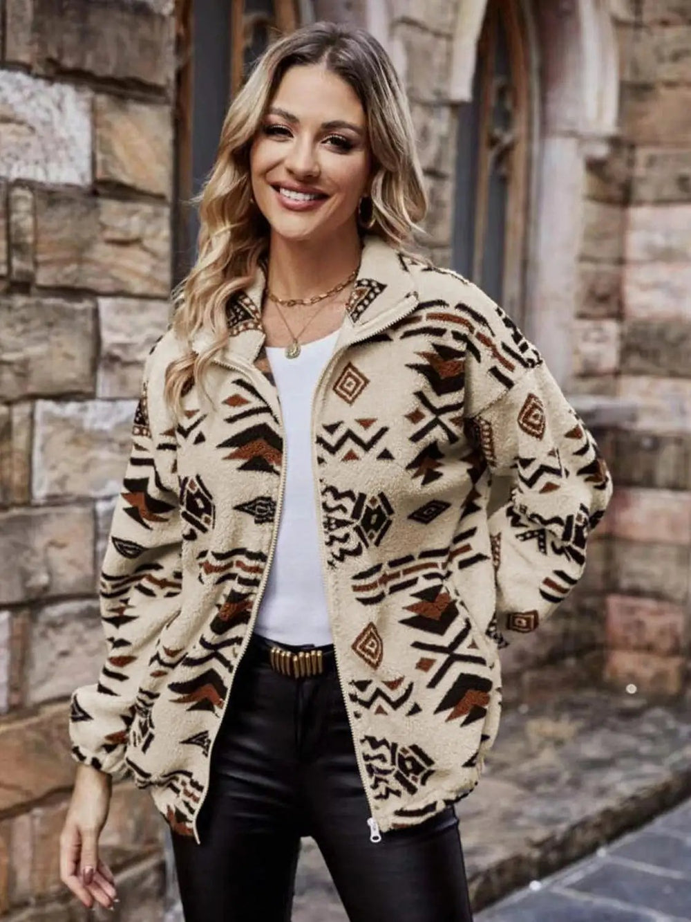 Geometric Zip Up Long Sleeve Outerwear - Trendsi